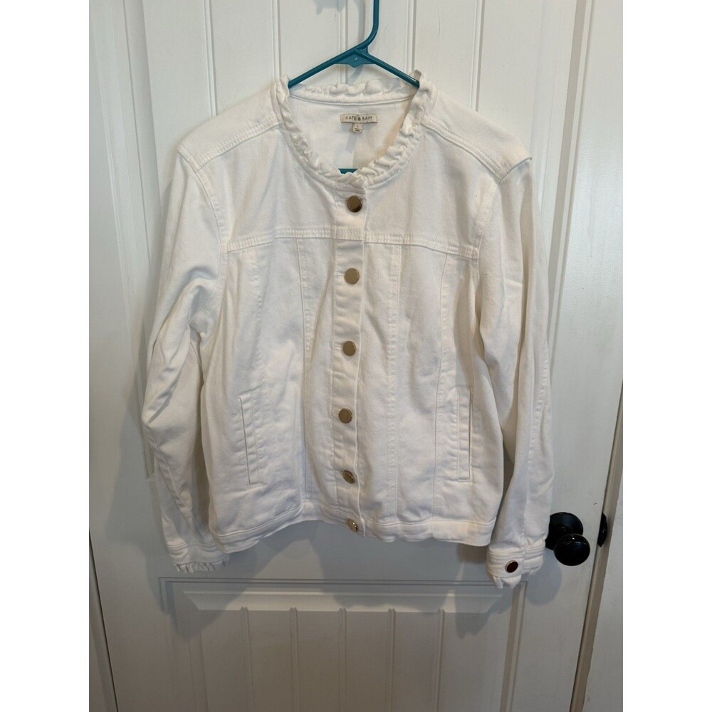 Kate & Sam Women L White Denim Jacket Ruffle Collar Cuffs Gold Buttons